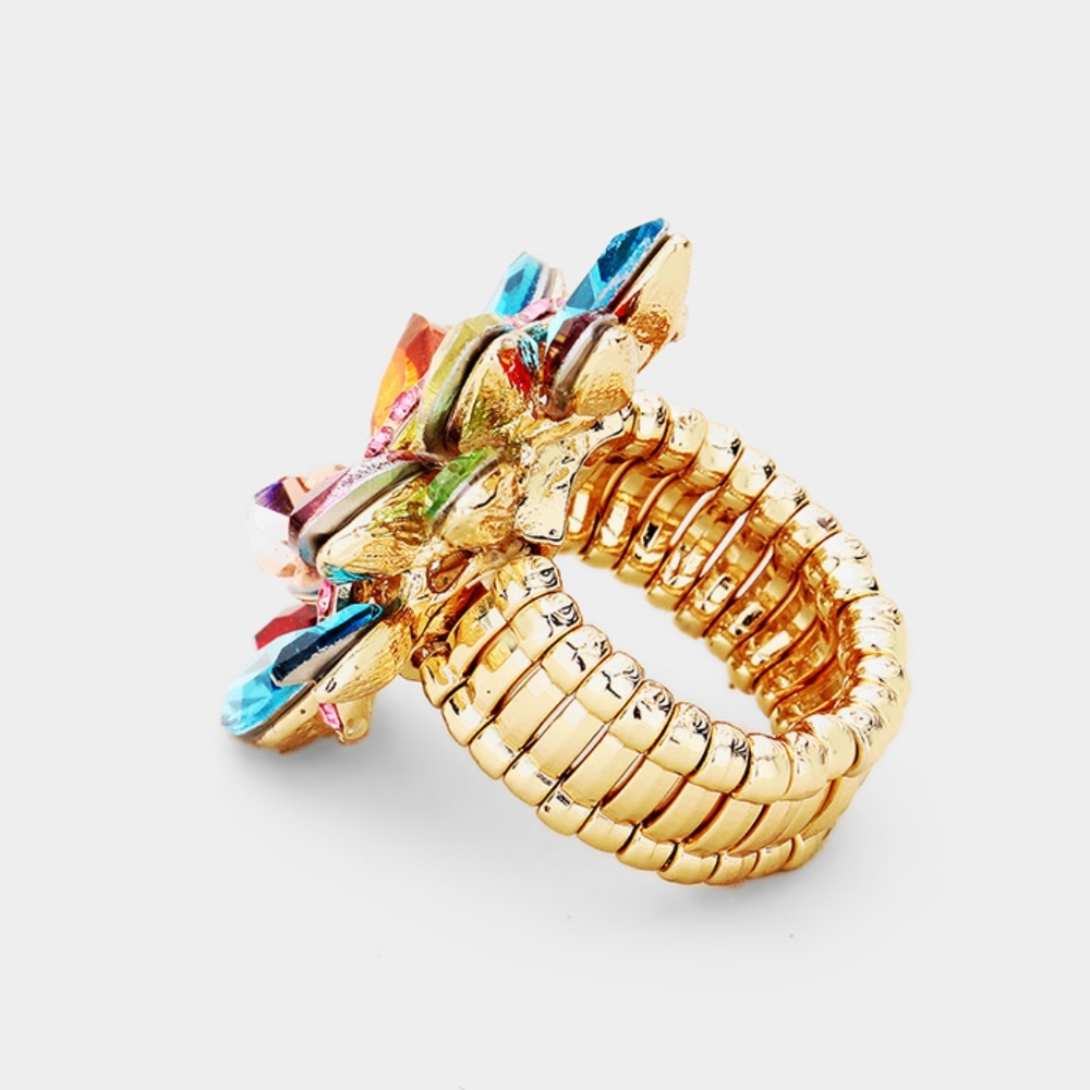 Gold Colorful Crystal Stretch Marquise Fashion Ring Rhinestone Finger Adjustable - Picture 2 of 3
